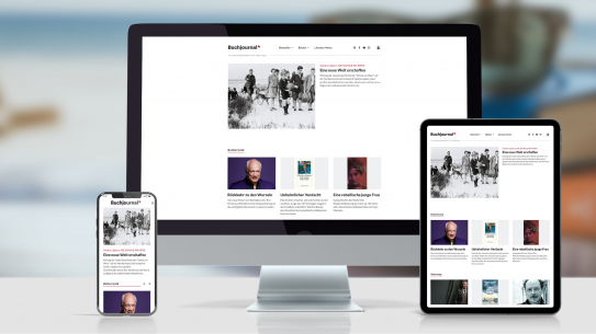 Headerbild für Buchjournal, Screenshots der Seite auf einem iMac, einem iPad und einem iPhone