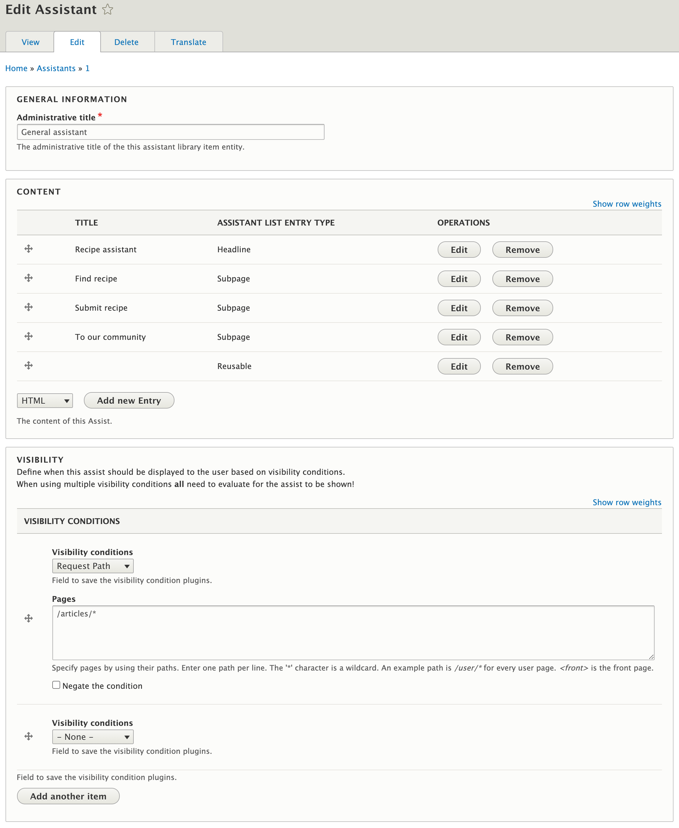 Entry form for the fields of a site assistant