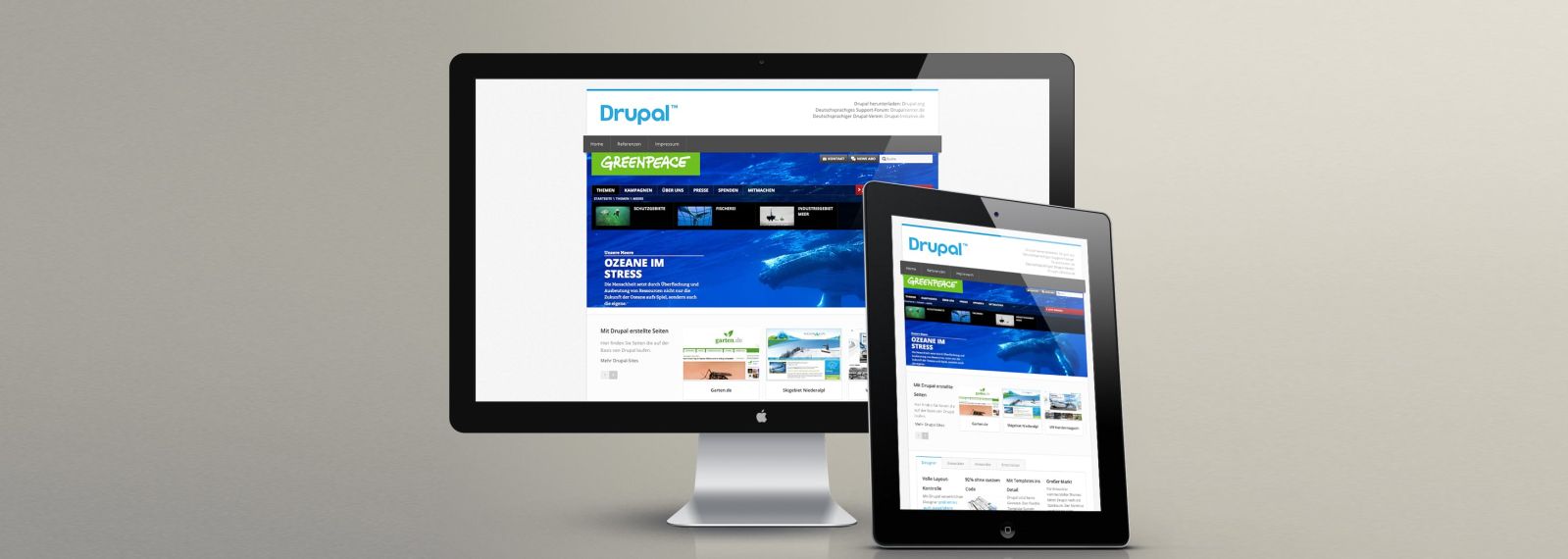 Drupal.de auf einem Desktop-Bildschirm und einem Tablet Drupal.de auf einem Desktop-Bildschirm und einem Tablet