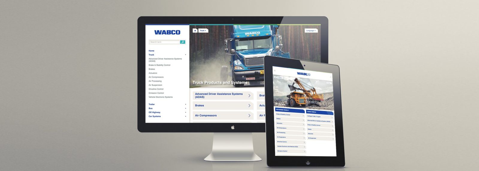WABCO Product Portfolio auf einem Desktop-Bildschirm und einem Tablet WABCO Product Portfolio auf einem Desktop-Bildschirm und einem Tablet