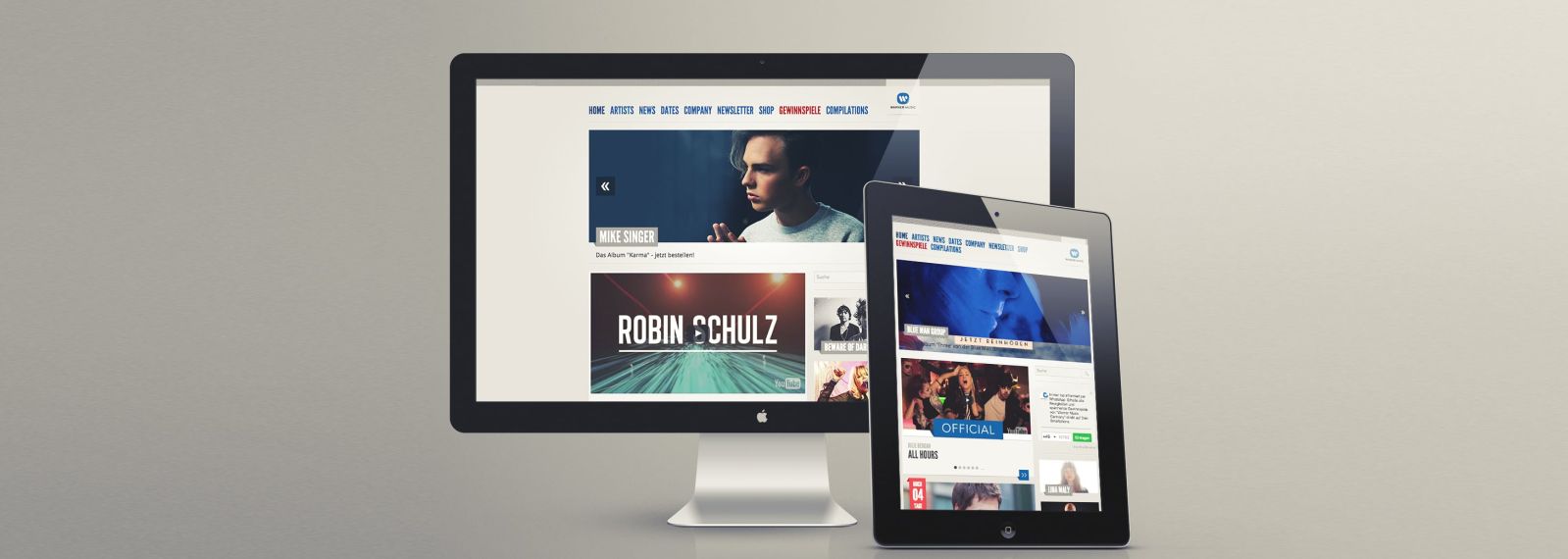 Warner Music Germany auf einem Desktop-Bildschirm und einem Tablet Warner Music Germany auf einem Desktop-Bildschirm und einem Tablet
