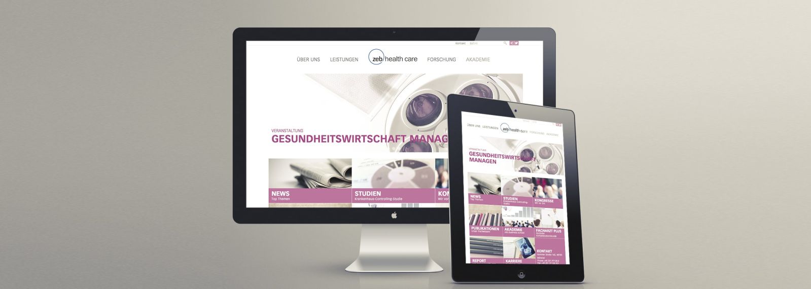zeb Healthcare auf einem Desktop-Bildschirm und einem Tablet zeb Healthcare auf einem Desktop-Bildschirm und einem Tablet