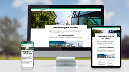 Headerbild für Projekt BNP Paribas Real Estate, Screenshots der Seite auf einem iMac, einem iPad und einem iPhone