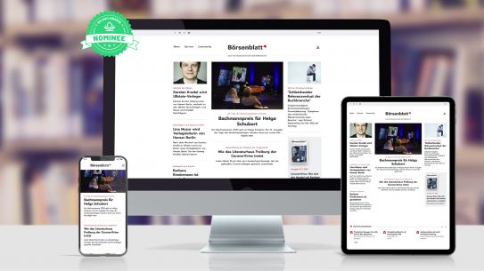 Headerbild für Börsenblatt, Screenshots der Seite auf einem iMac, einem iPad und einem iPhone