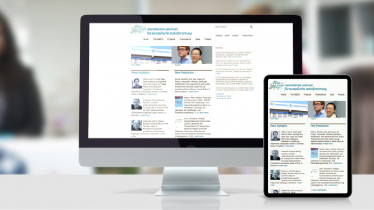 Screenshot der neuen Webseite unseres Kunden MZES Uni Mannheim auf Desktop und Tablet