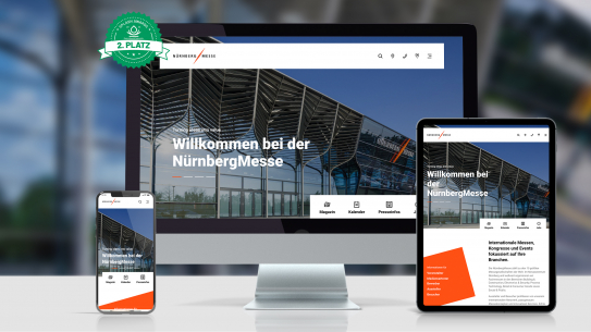 Headerbild für Nürnberg Messe, Screenshots der Seite auf einem iMac, einem iPad und einem iPhone