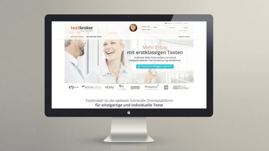 Screenshot der neuen Webseite unseres Kunden Textbroker auf Desktop Screenshot der neuen Webseite unseres Kunden Textbroker auf Desktop