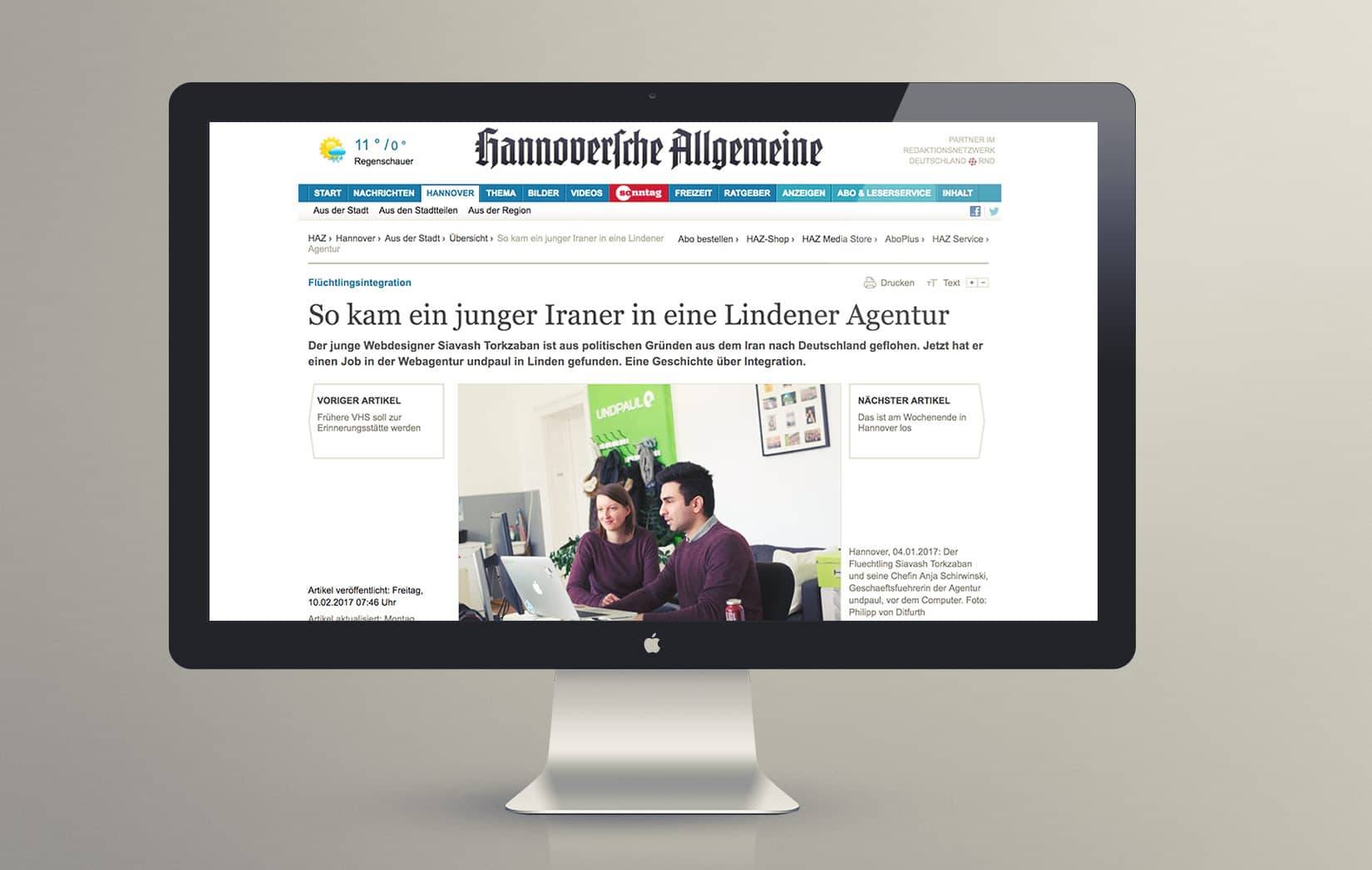 Screenshots des Zeitungsartikels über undpauls neuen iranischen Kollegen Siavash Torkzaban in der Hannoverschen Allgemeinen Zeitung Screenshots des Zeitungsartikels über undpauls neuen iranischen Kollegen Siavash Torkzaban in der Hannoverschen Allgemeinen Zeitung