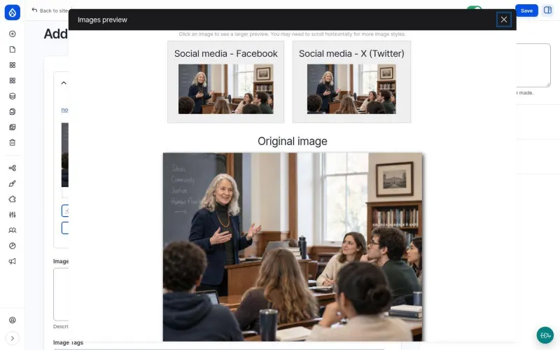 Preview of the image crops for Facebook and X