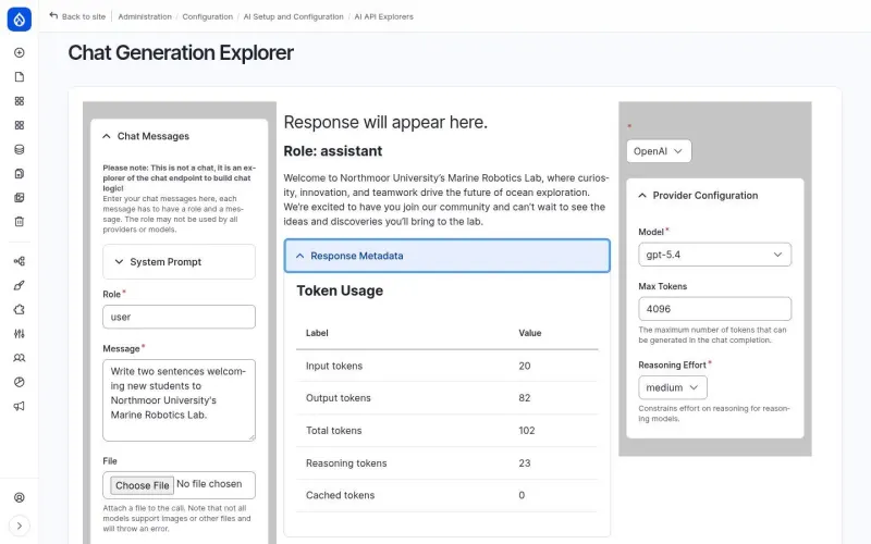 Chat Generation Explorer with prompt, response and token metadata