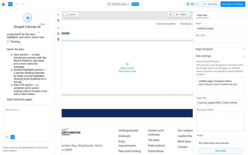 Canvas editor with the AI agent’s page plan
