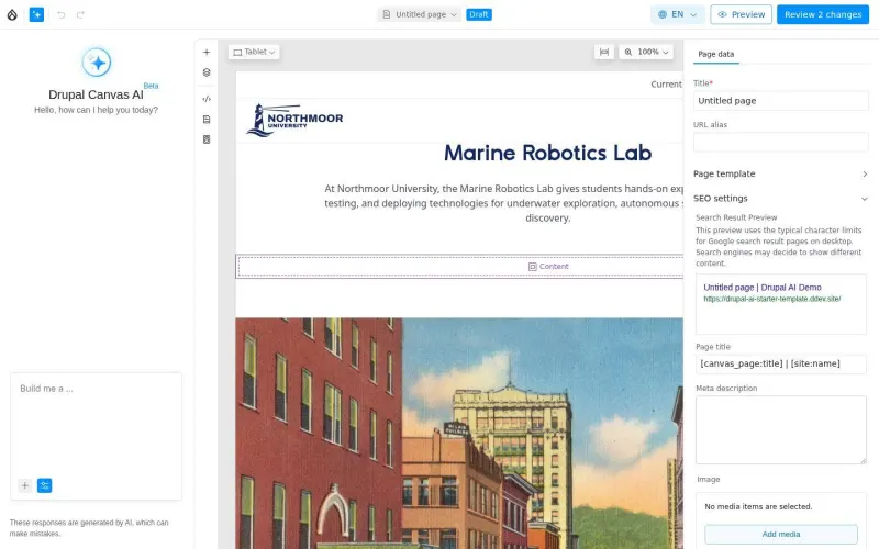 Finished landing page in the Canvas editor