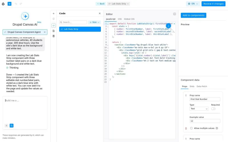 Code editor with a new React component and its properties