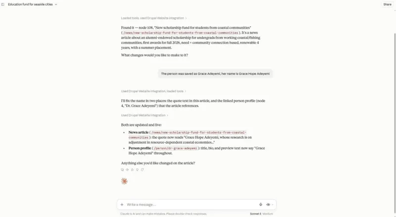 Claude’s summary after updating two pieces of content