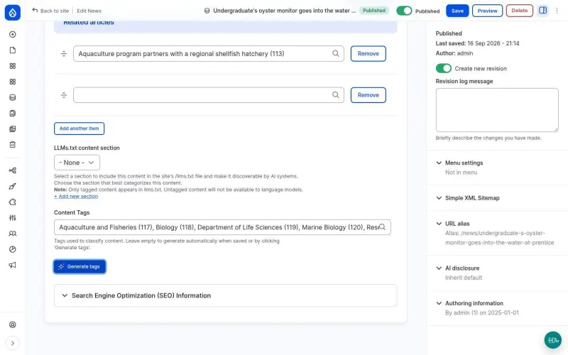 Content Tags field with five automatically generated tags