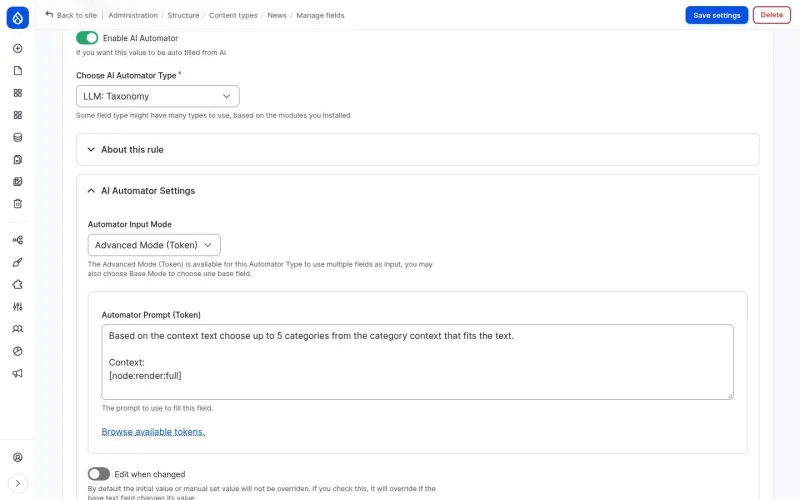 Field settings with the AI Automator enabled and its prompt
