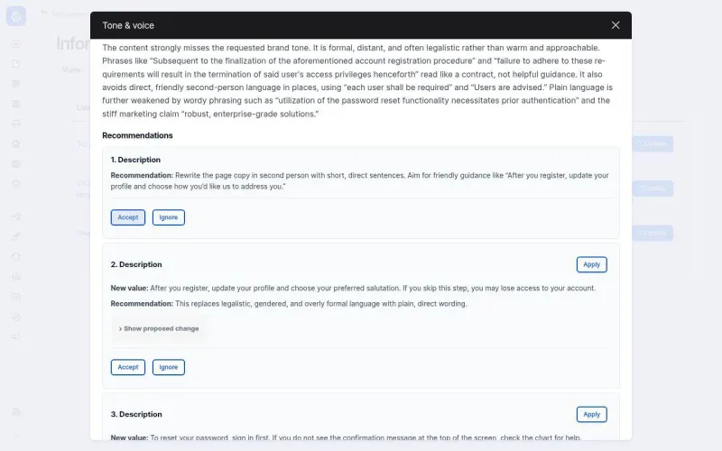 AI verdict on the tone of voice criterion with explanation and numbered recommendations