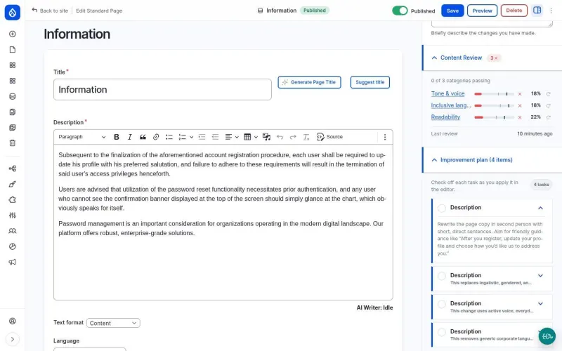 Edit form with three red score gauges and a task list
