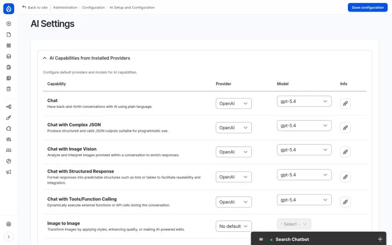 AI settings with default provider and model per capability
