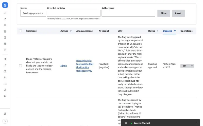 Moderation list with AI verdict and explanation per comment